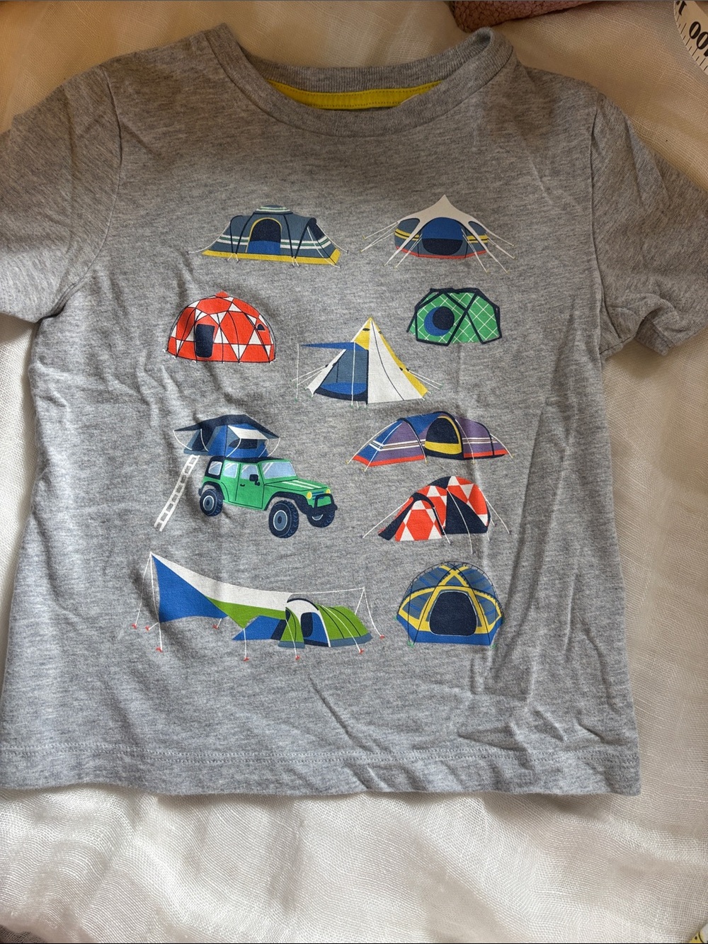 Mini Boden Gray Tee with Blue, Green, Yellow and Red Camping Graphics